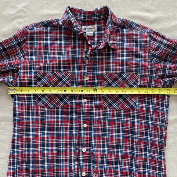 Carhartt Men Button Down Shirt Red/Blue Plaid Cotton Long Large Grunge Cabin Dad - Picture 5 of 7